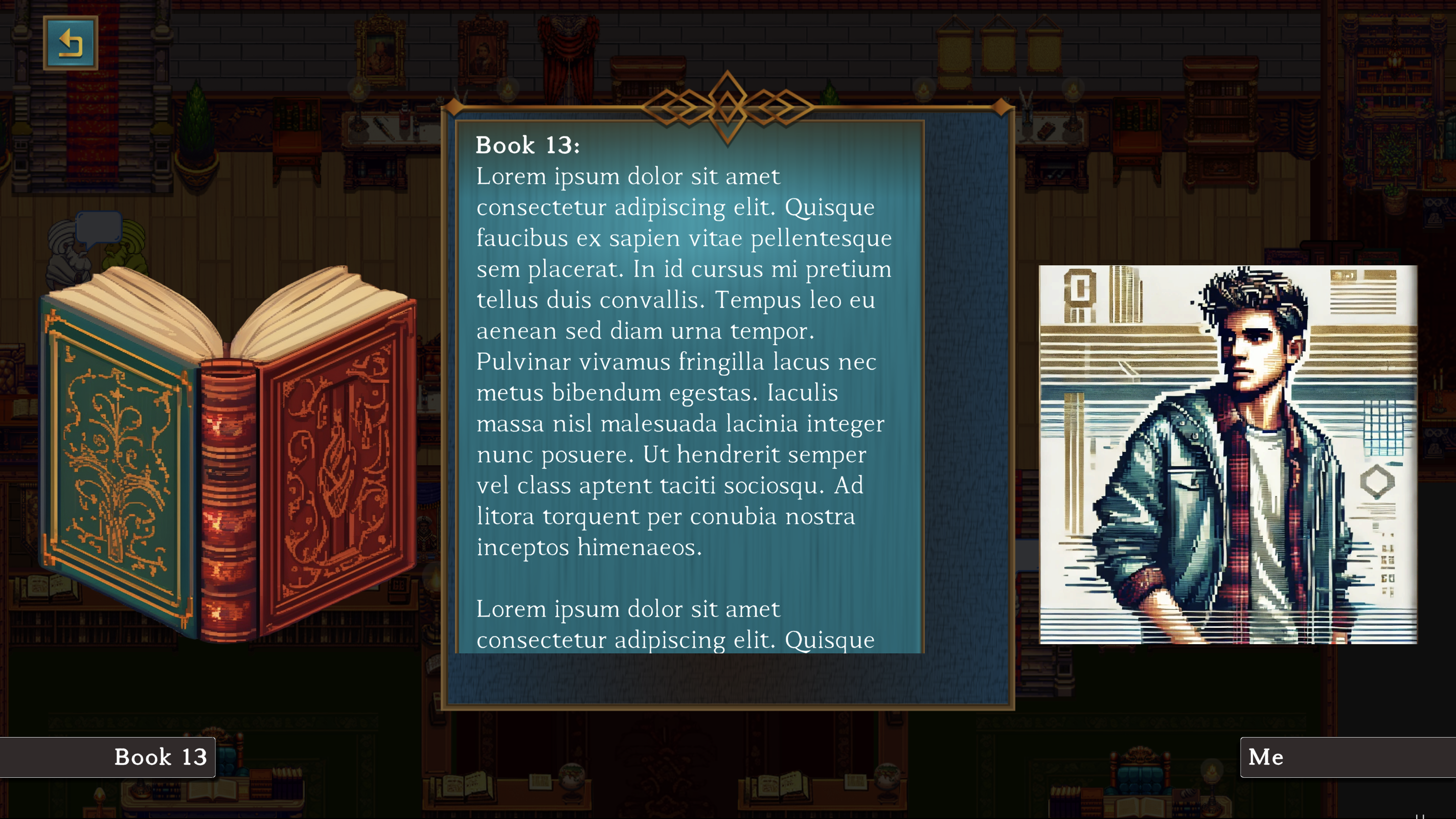 Player reading one of the library books.